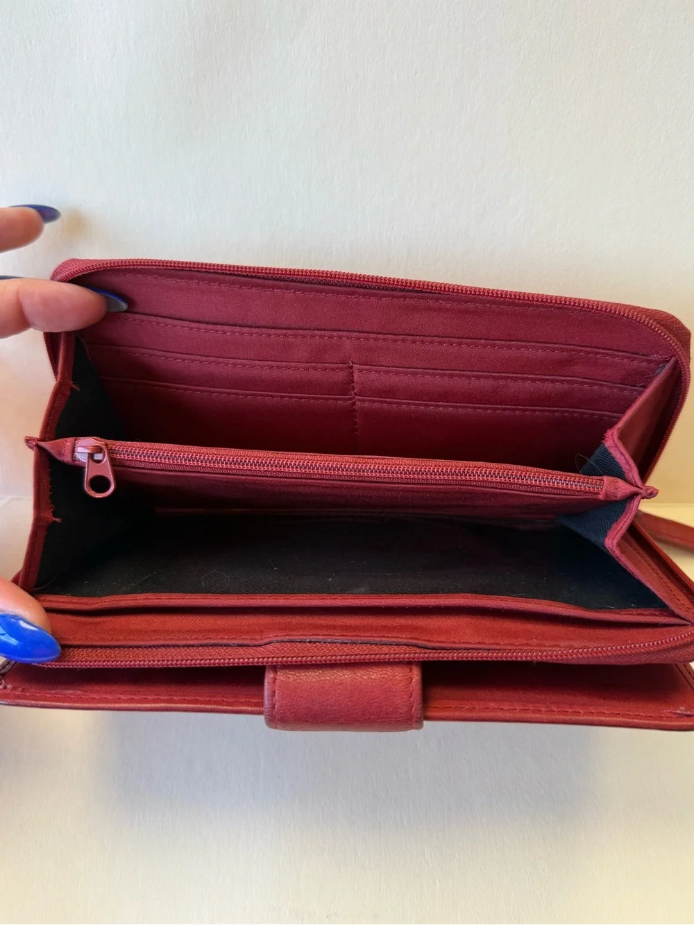 Vintage Deep Red Leather Zip-Around Wallet with Lots of Pockets.